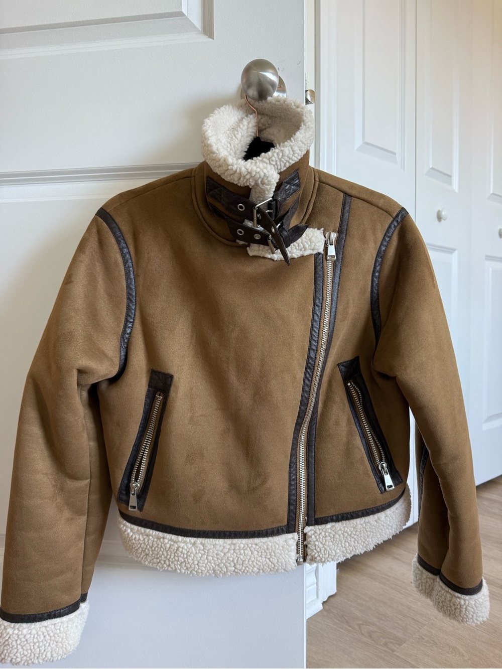 Zara Brown Suede Shearling-Trim Bomber Jacket